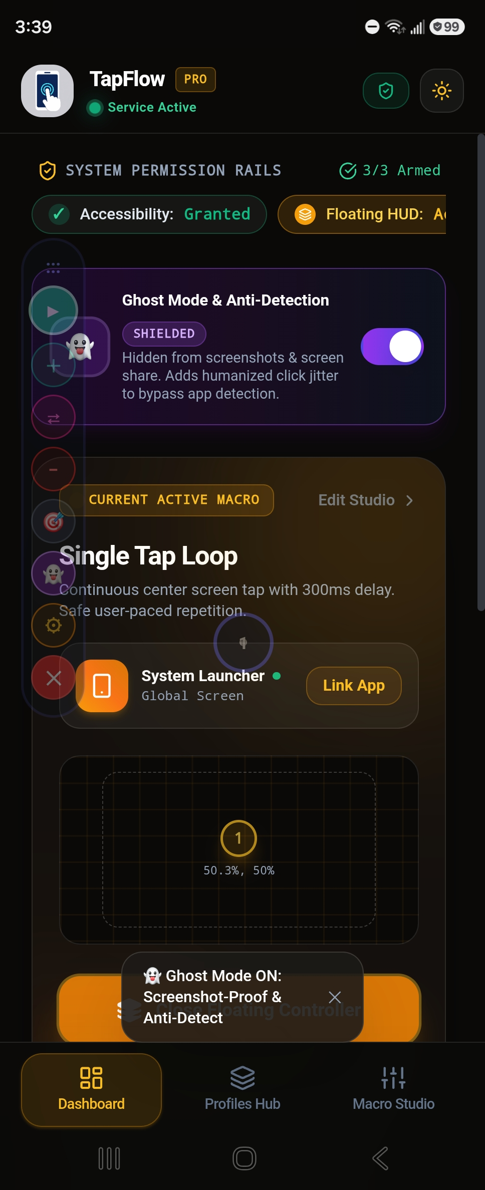 TapFlow Ghost Mode Anti-Detection Shield active on device